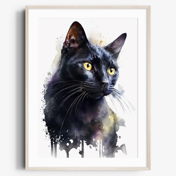 Other - Black Cat Watercolor Wall Art Illustration Print Poster Card Unframed